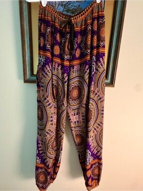 Earthbound Trading Boho Elastic Waist Purple Printed Harem Pants - Medium